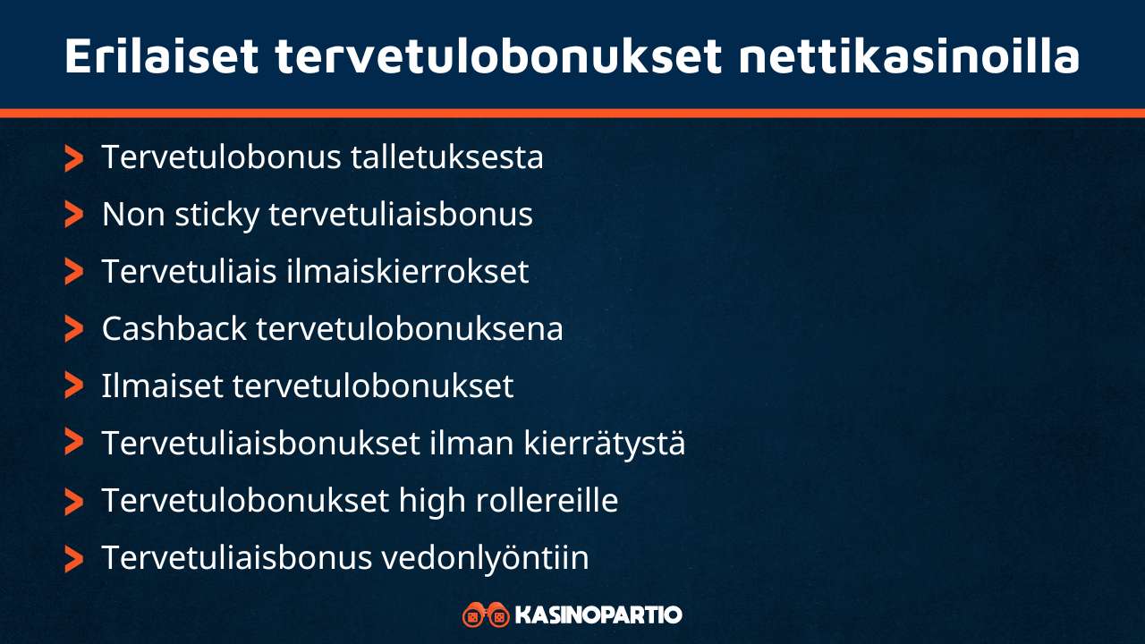 Erilaiset tervetuliaisbonukset lueteltuna